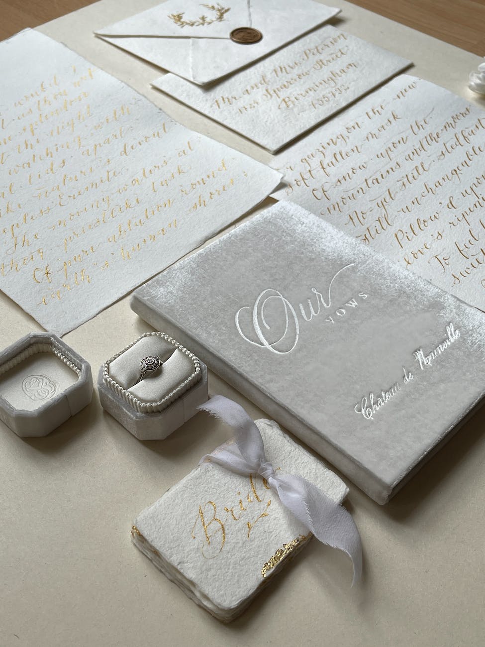 wedding rings and wedding vows on a table
